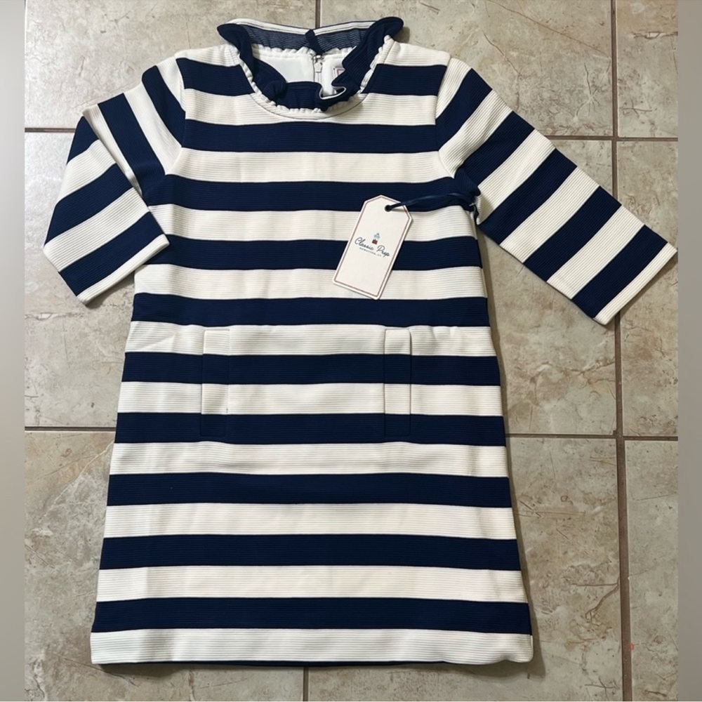 Classic Prep Girls Claudia Ottoman Navy and White Tahoe Striped Dress - Picture 1 of 4